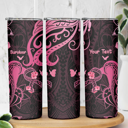 Personalized Breast Cancer Skinny Tumbler Ribbon Polynesian Pattern Black Version