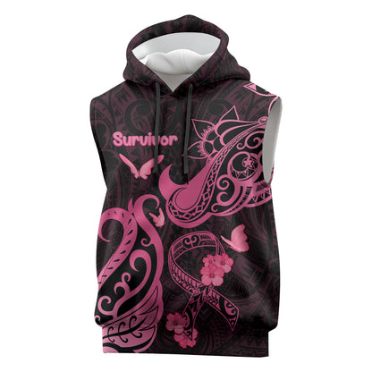 Personalized Breast Cancer Sleeveless Hoodie Ribbon Polynesian Pattern Black Version