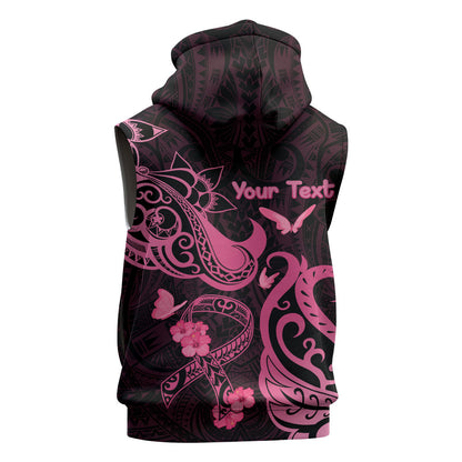 Personalized Breast Cancer Sleeveless Hoodie Ribbon Polynesian Pattern Black Version