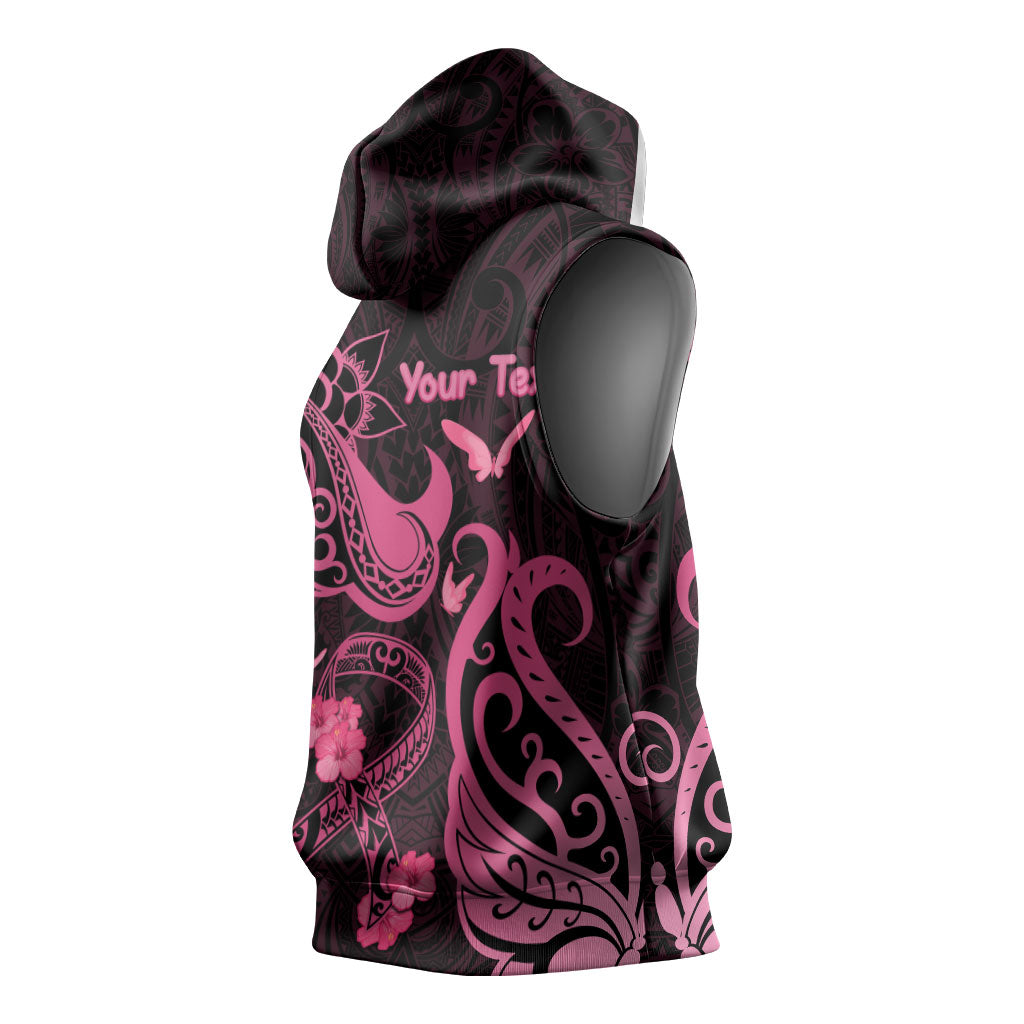 Personalized Breast Cancer Sleeveless Hoodie Ribbon Polynesian Pattern Black Version