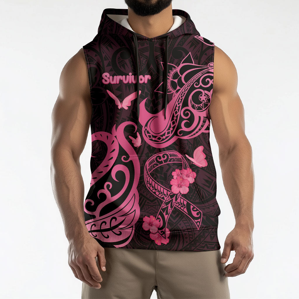Personalized Breast Cancer Sleeveless Hoodie Ribbon Polynesian Pattern Black Version
