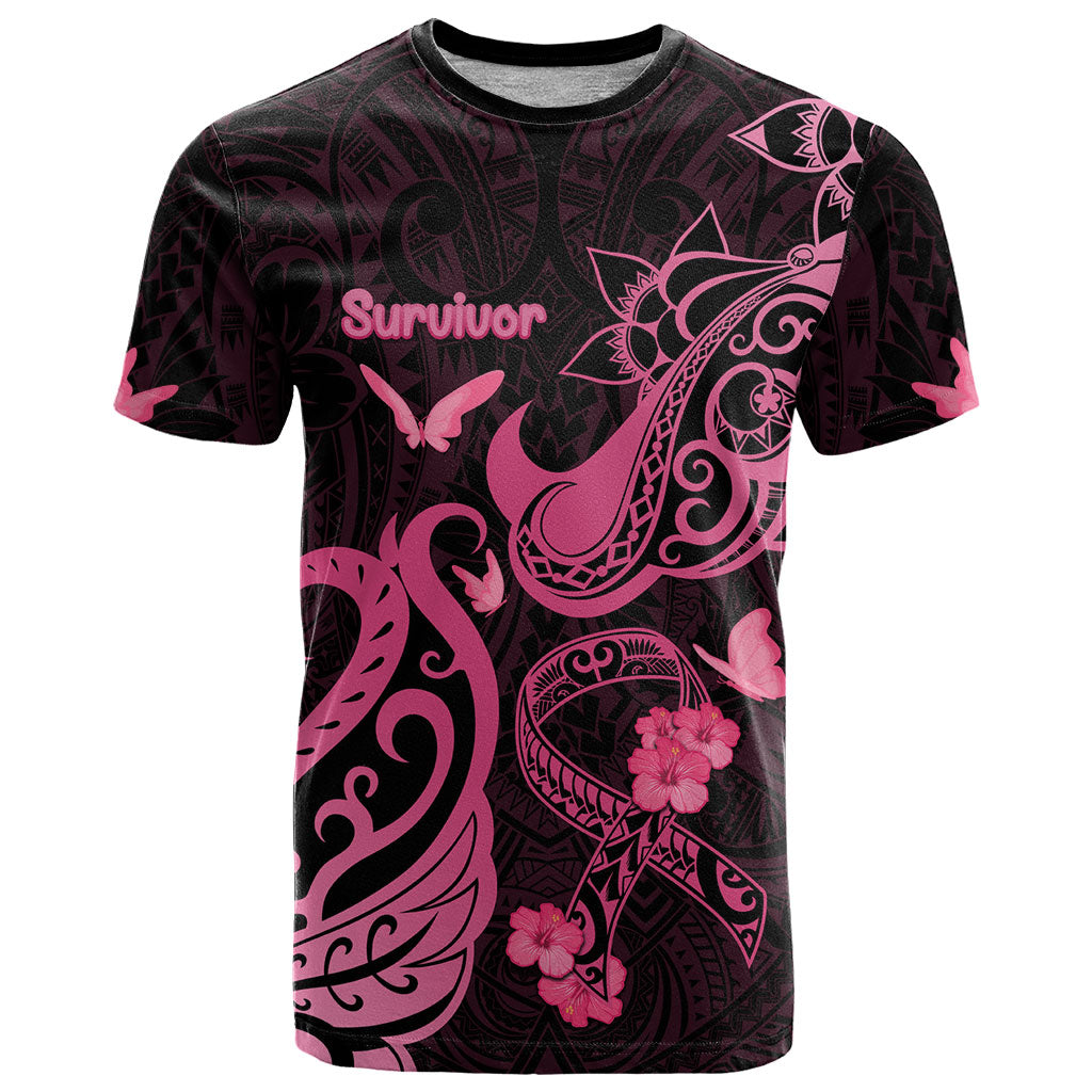 Personalized Breast Cancer T Shirt Ribbon Polynesian Pattern Black Version