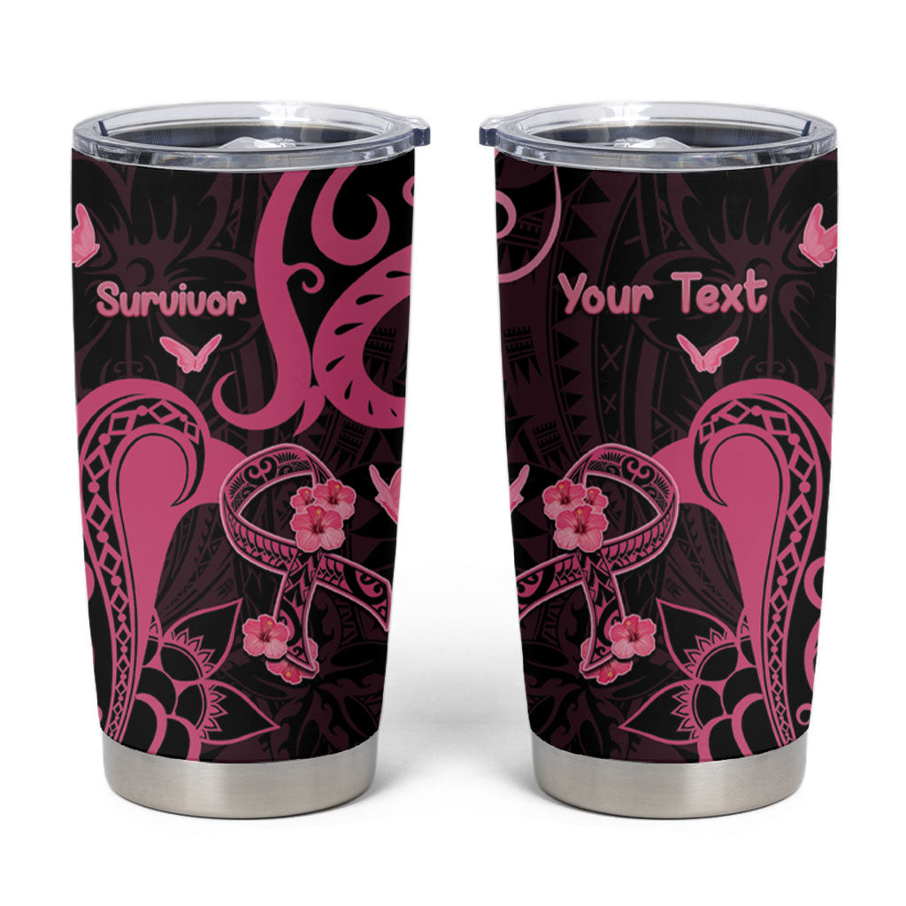 Personalized Breast Cancer Tumbler Cup Ribbon Polynesian Pattern Black Version