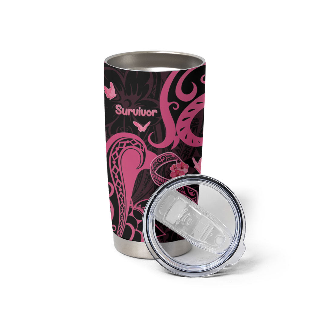 Personalized Breast Cancer Tumbler Cup Ribbon Polynesian Pattern Black Version