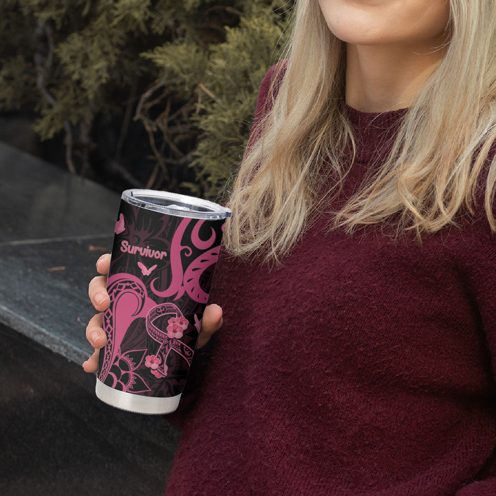Personalized Breast Cancer Tumbler Cup Ribbon Polynesian Pattern Black Version