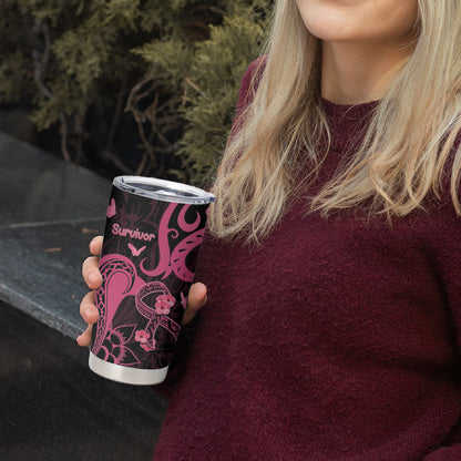 Personalized Breast Cancer Tumbler Cup Ribbon Polynesian Pattern Black Version