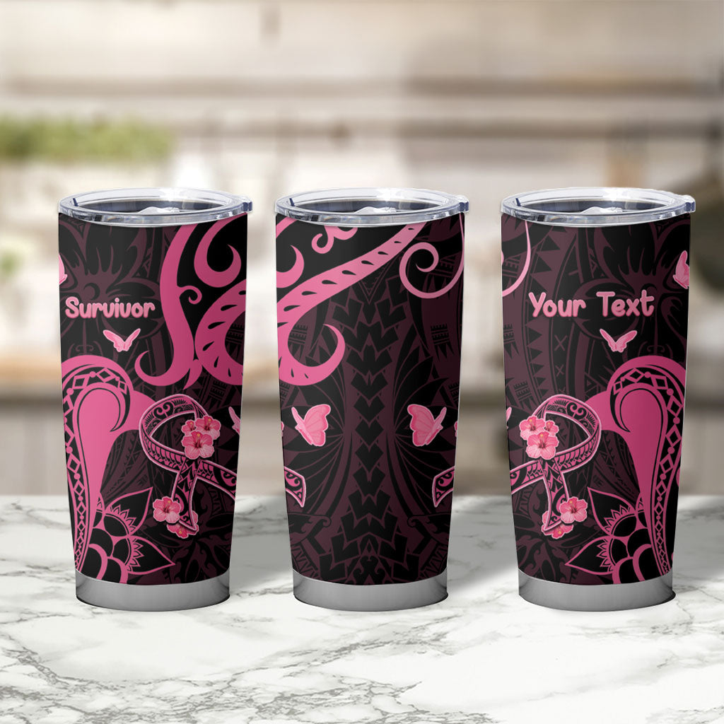 Personalized Breast Cancer Tumbler Cup Ribbon Polynesian Pattern Black Version