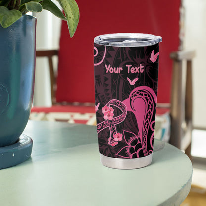 Personalized Breast Cancer Tumbler Cup Ribbon Polynesian Pattern Black Version