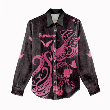 Personalized Breast Cancer Women Casual Shirt Ribbon Polynesian Pattern Black Version