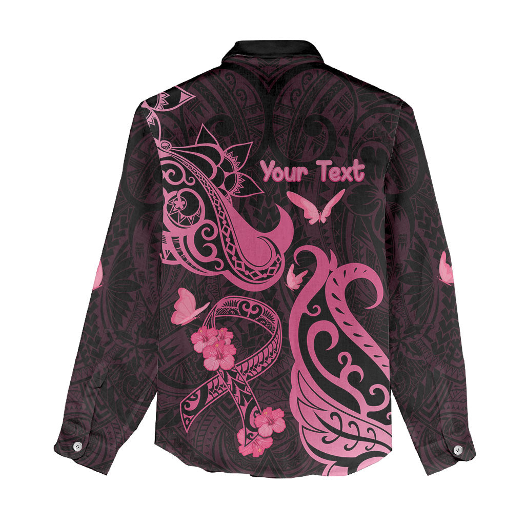 Personalized Breast Cancer Women Casual Shirt Ribbon Polynesian Pattern Black Version
