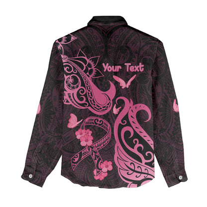 Personalized Breast Cancer Women Casual Shirt Ribbon Polynesian Pattern Black Version