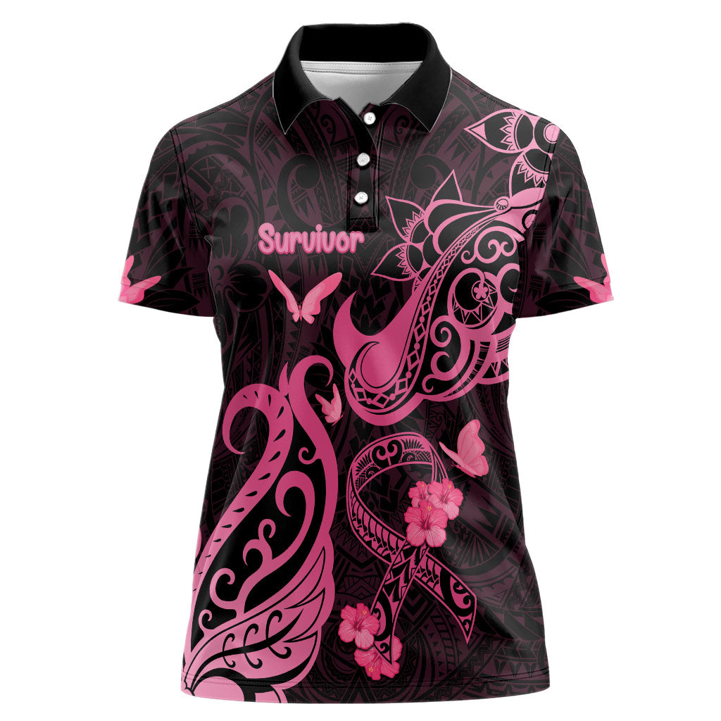 Personalized Breast Cancer Women Polo Shirt Ribbon Polynesian Pattern Black Version