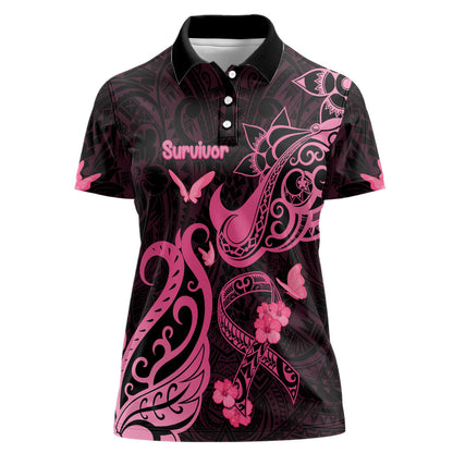 Personalized Breast Cancer Women Polo Shirt Ribbon Polynesian Pattern Black Version