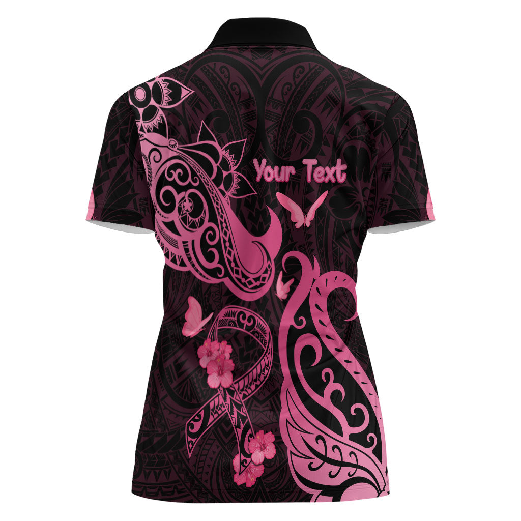 Personalized Breast Cancer Women Polo Shirt Ribbon Polynesian Pattern Black Version