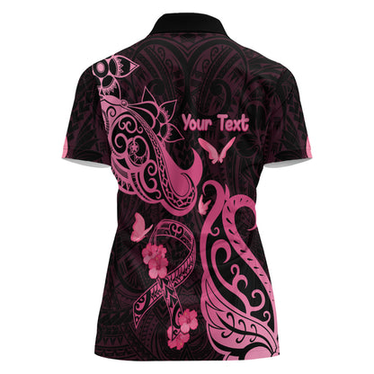 Personalized Breast Cancer Women Polo Shirt Ribbon Polynesian Pattern Black Version