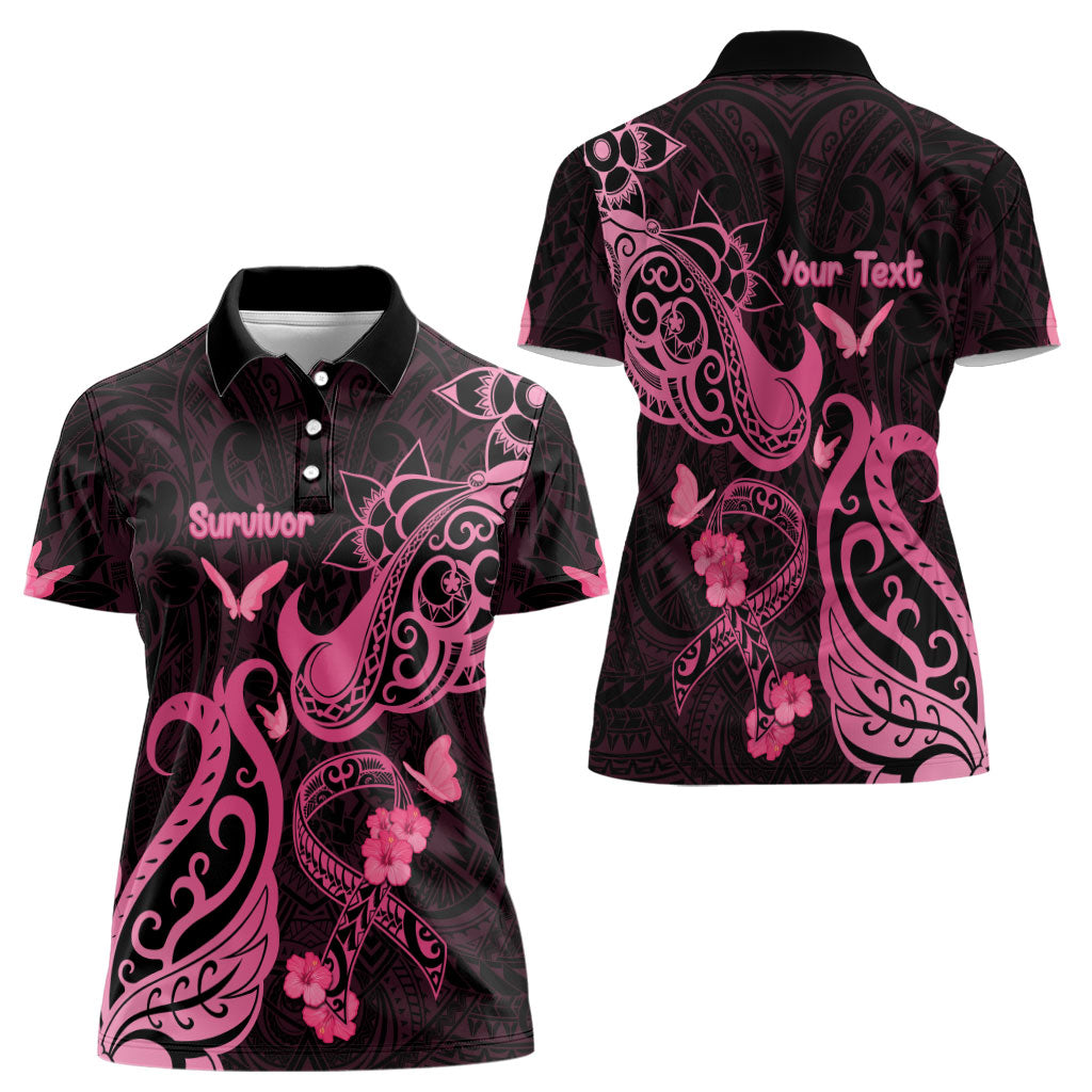 Personalized Breast Cancer Women Polo Shirt Ribbon Polynesian Pattern Black Version