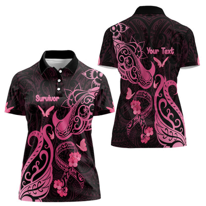 Personalized Breast Cancer Women Polo Shirt Ribbon Polynesian Pattern Black Version