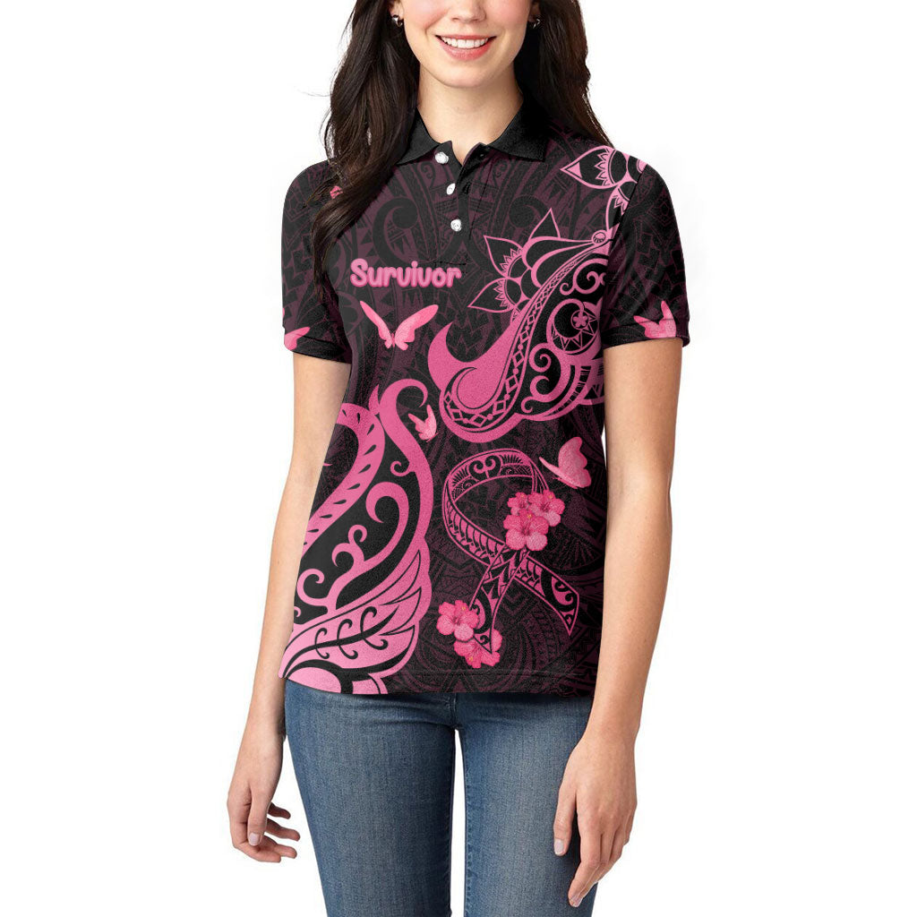 Personalized Breast Cancer Women Polo Shirt Ribbon Polynesian Pattern Black Version