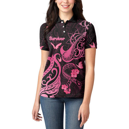 Personalized Breast Cancer Women Polo Shirt Ribbon Polynesian Pattern Black Version