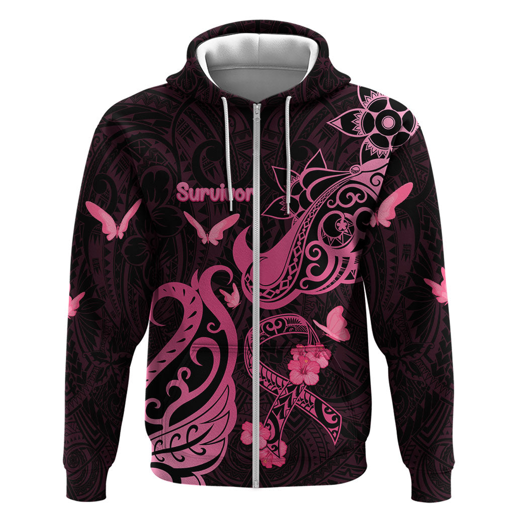 Personalized Breast Cancer Zip Hoodie Ribbon Polynesian Pattern Black Version