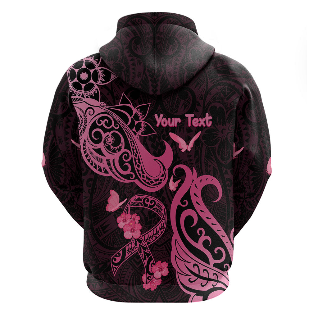 Personalized Breast Cancer Zip Hoodie Ribbon Polynesian Pattern Black Version