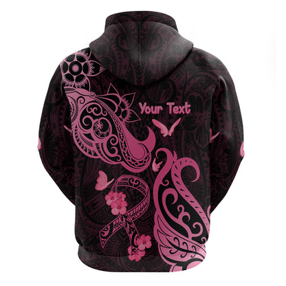 Personalized Breast Cancer Zip Hoodie Ribbon Polynesian Pattern Black Version