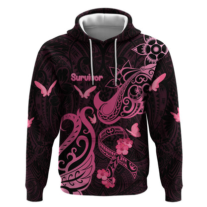 Personalized Breast Cancer Zip Hoodie Ribbon Polynesian Pattern Black Version