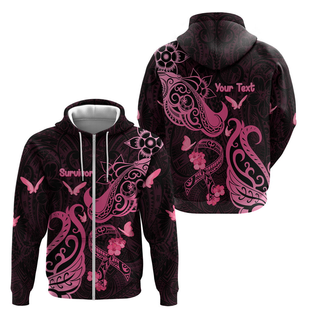 Personalized Breast Cancer Zip Hoodie Ribbon Polynesian Pattern Black Version