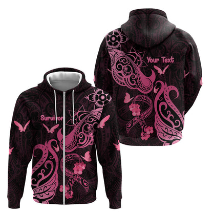 Personalized Breast Cancer Zip Hoodie Ribbon Polynesian Pattern Black Version