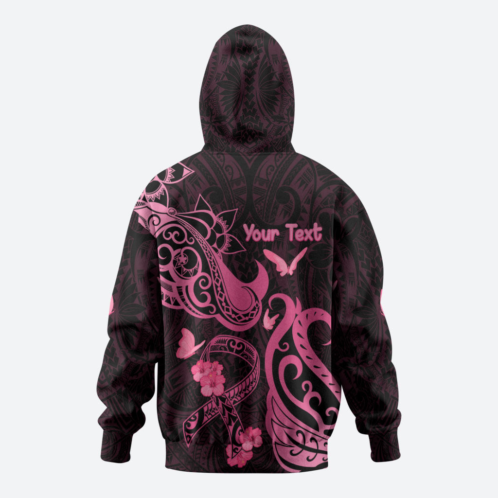 Personalized Breast Cancer Zip Hoodie Ribbon Polynesian Pattern Black Version