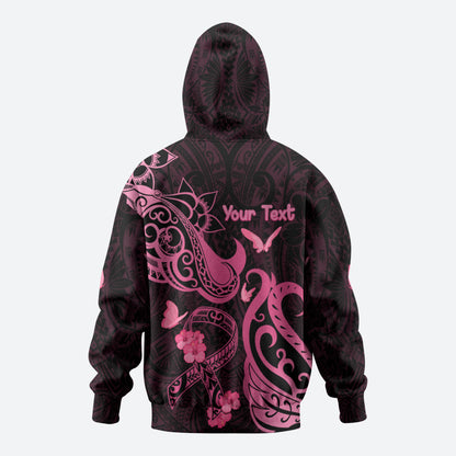 Personalized Breast Cancer Zip Hoodie Ribbon Polynesian Pattern Black Version