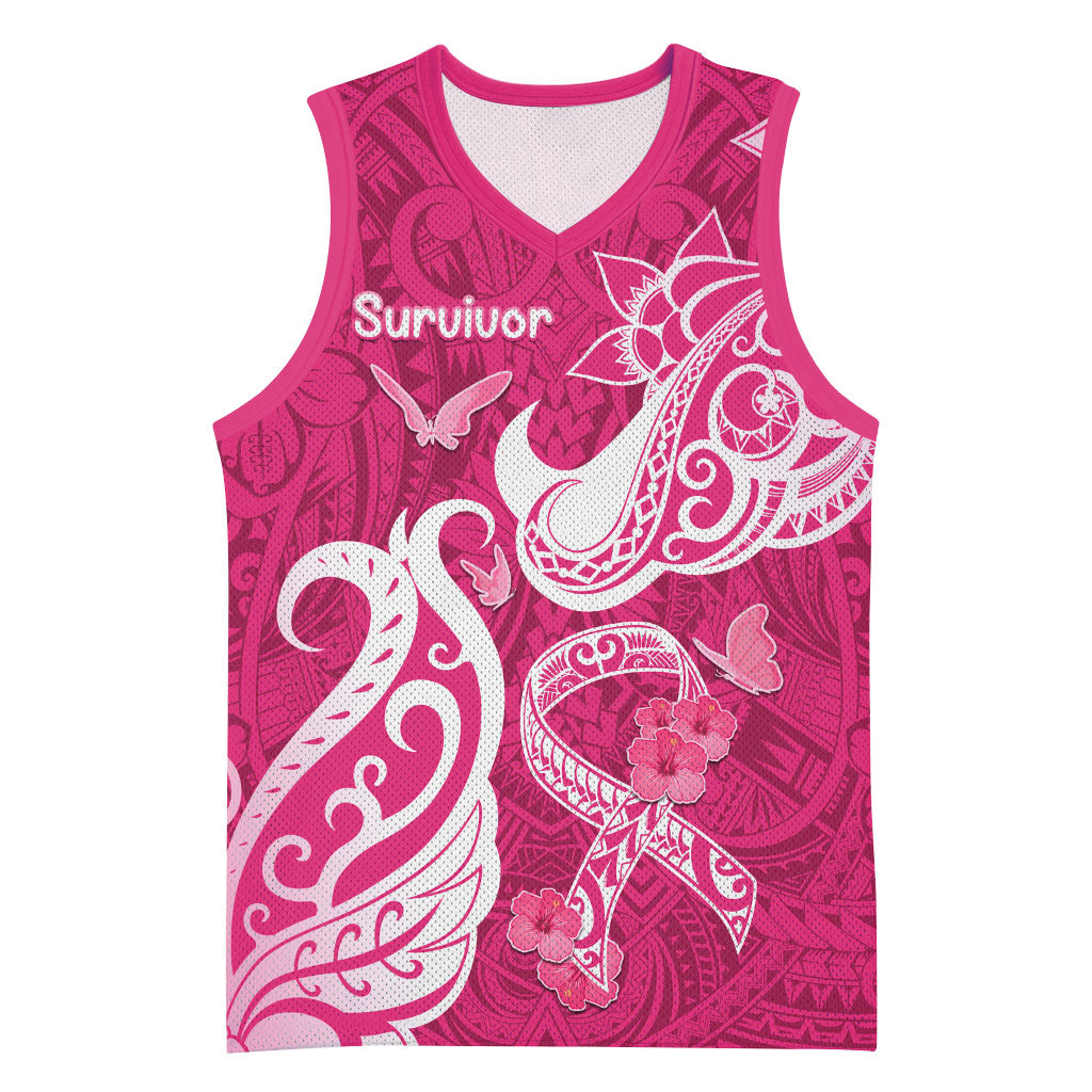 Breast Cancer Basketball Jersey Ribbon Polynesian Pattern Pink Version