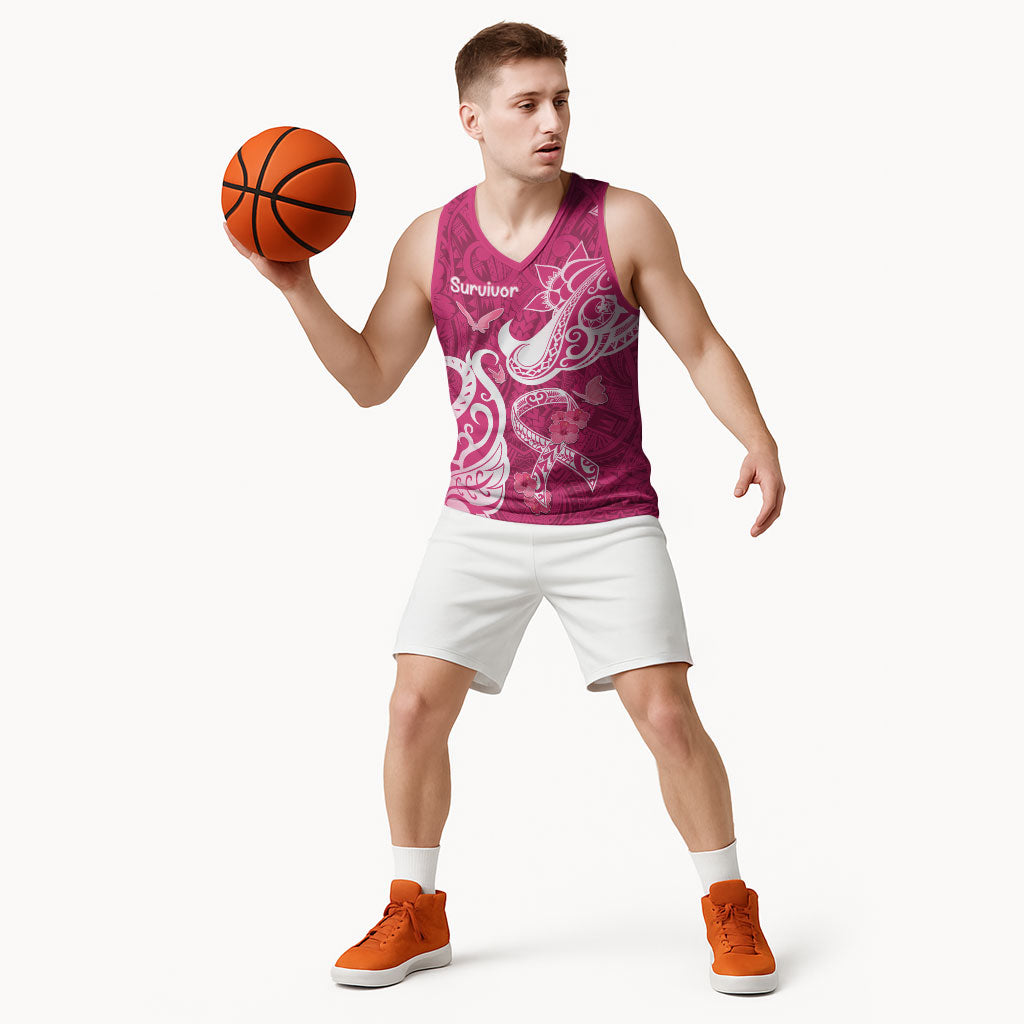 Breast Cancer Basketball Jersey Ribbon Polynesian Pattern Pink Version
