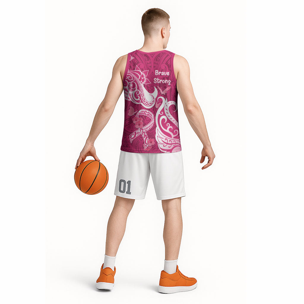 Breast Cancer Basketball Jersey Ribbon Polynesian Pattern Pink Version
