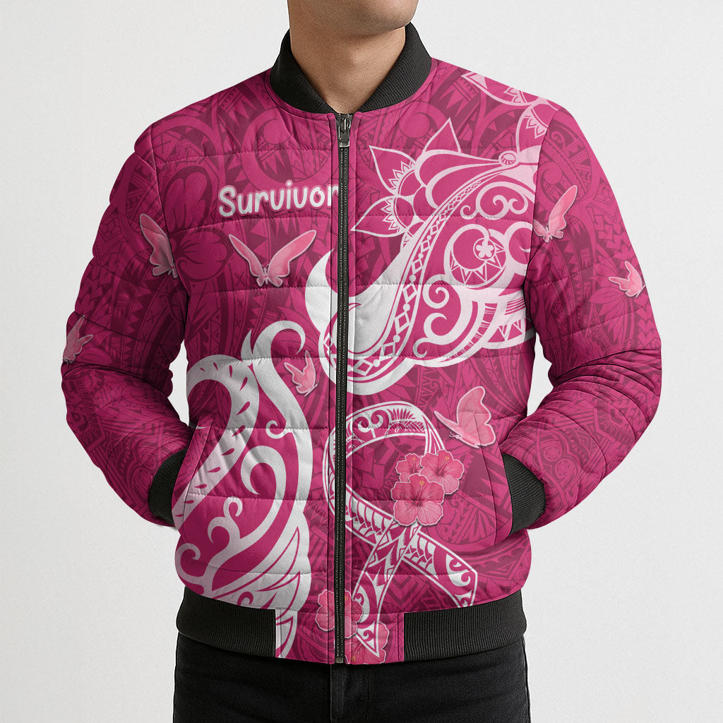 Breast Cancer Bomber Puffer Jacket Ribbon Polynesian Pattern Pink Version