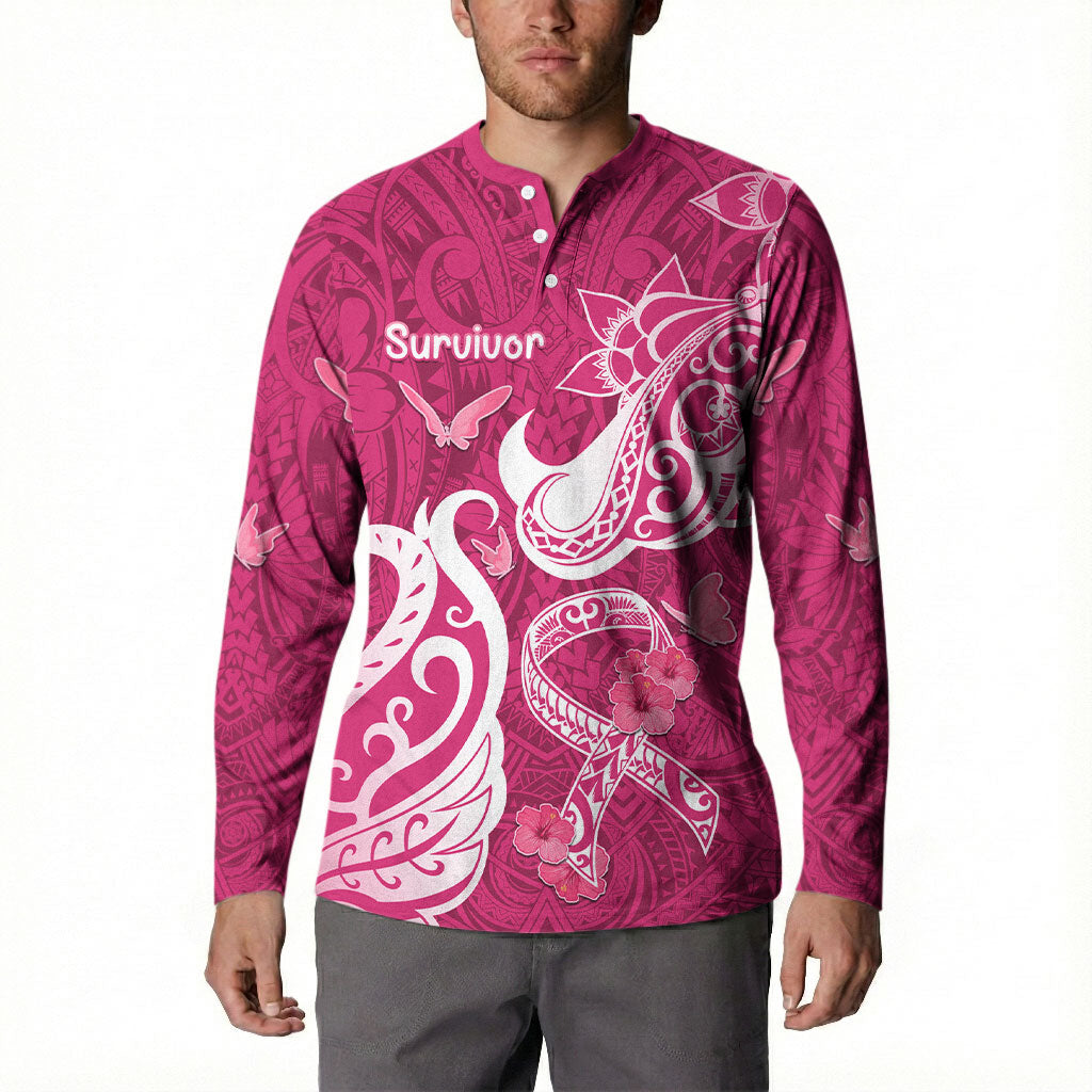 Breast Cancer Button Sweatshirt Ribbon Polynesian Pattern Pink Version