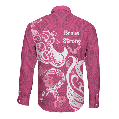 Breast Cancer Long Sleeve Button Shirt Ribbon Polynesian Pattern Pink Version