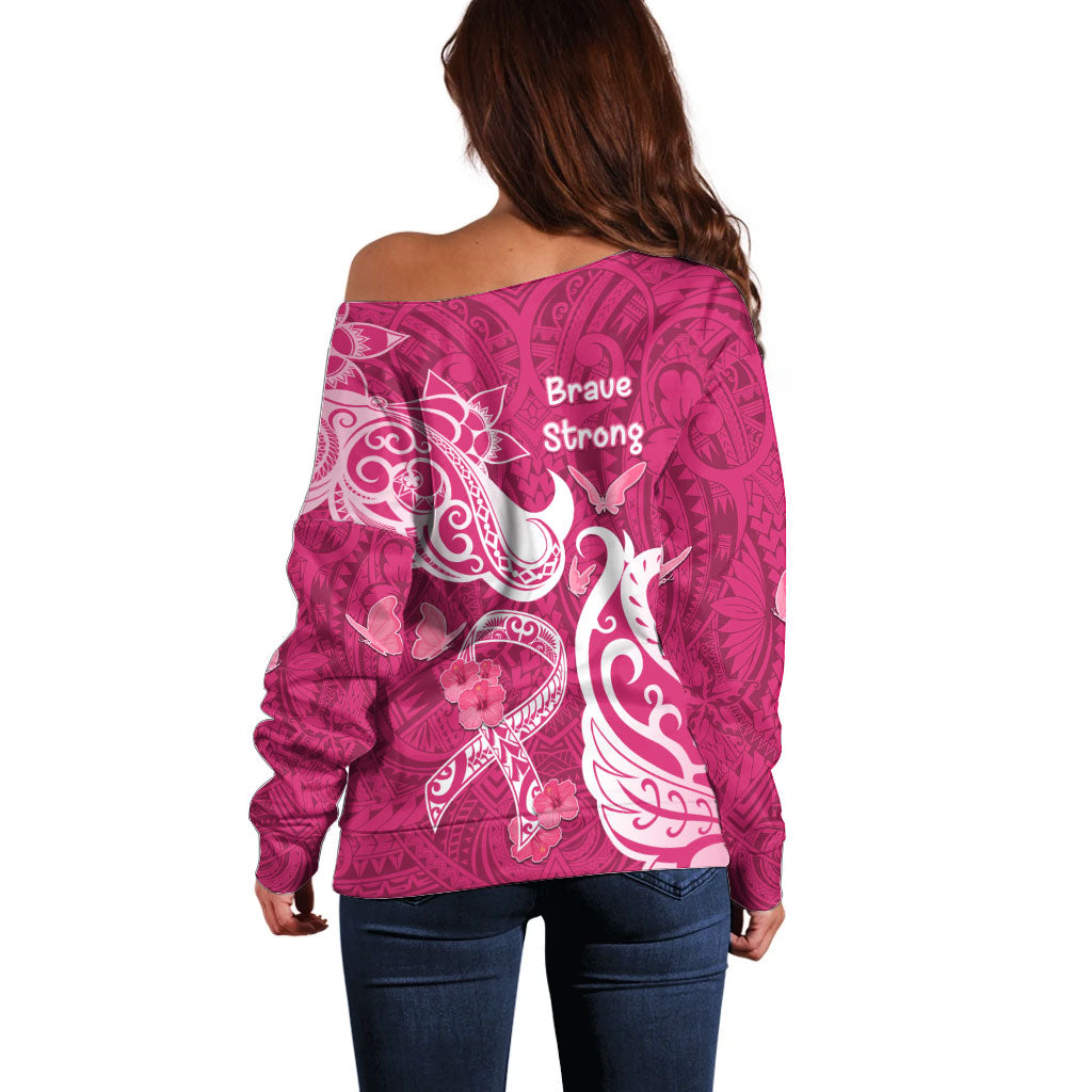 Breast Cancer Off Shoulder Sweater Ribbon Polynesian Pattern Pink Version