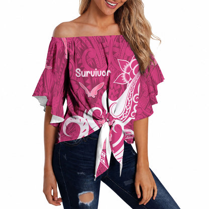 Breast Cancer Off Shoulder Wrap Waist Top Ribbon Polynesian Pattern Pink Version