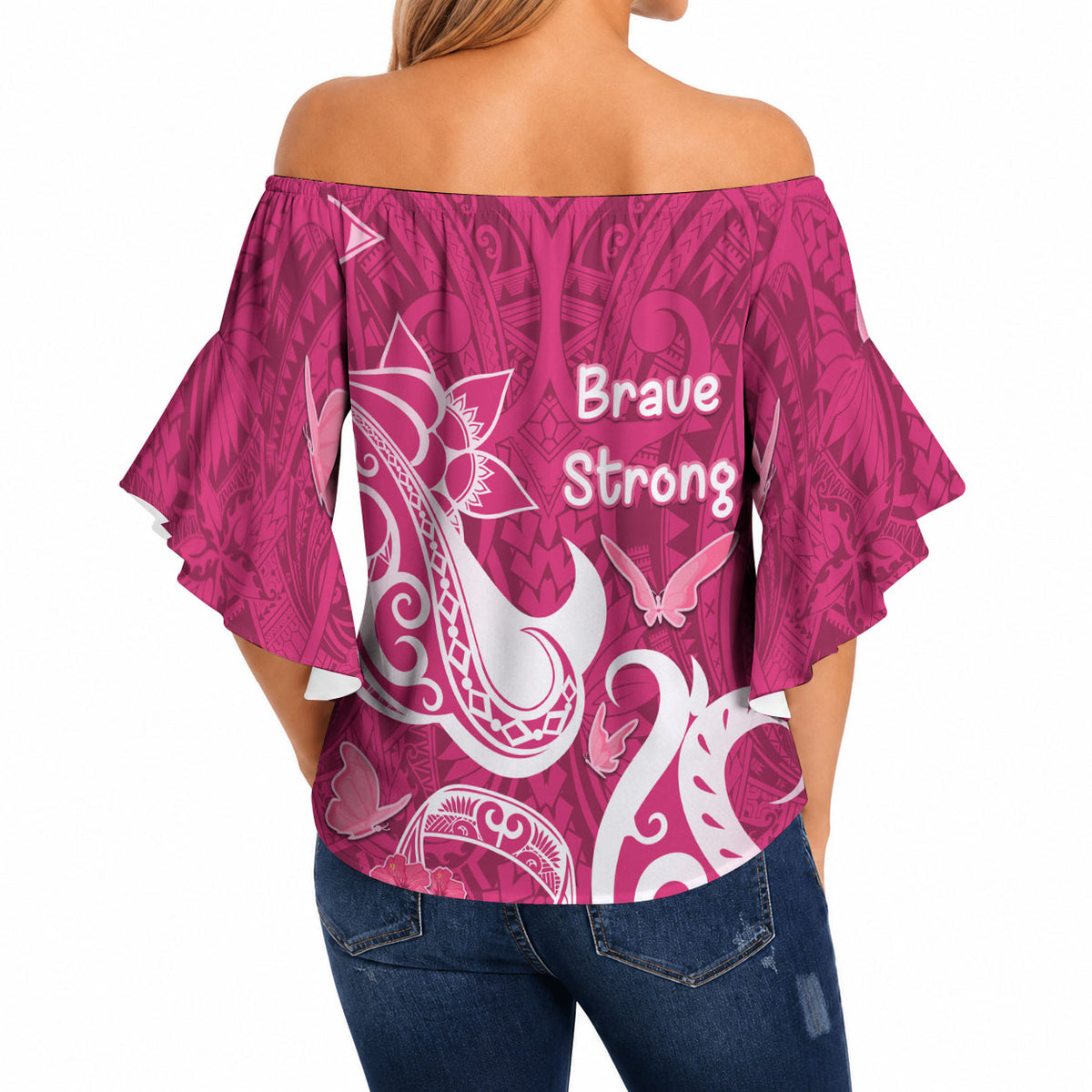 Breast Cancer Off Shoulder Wrap Waist Top Ribbon Polynesian Pattern Pink Version