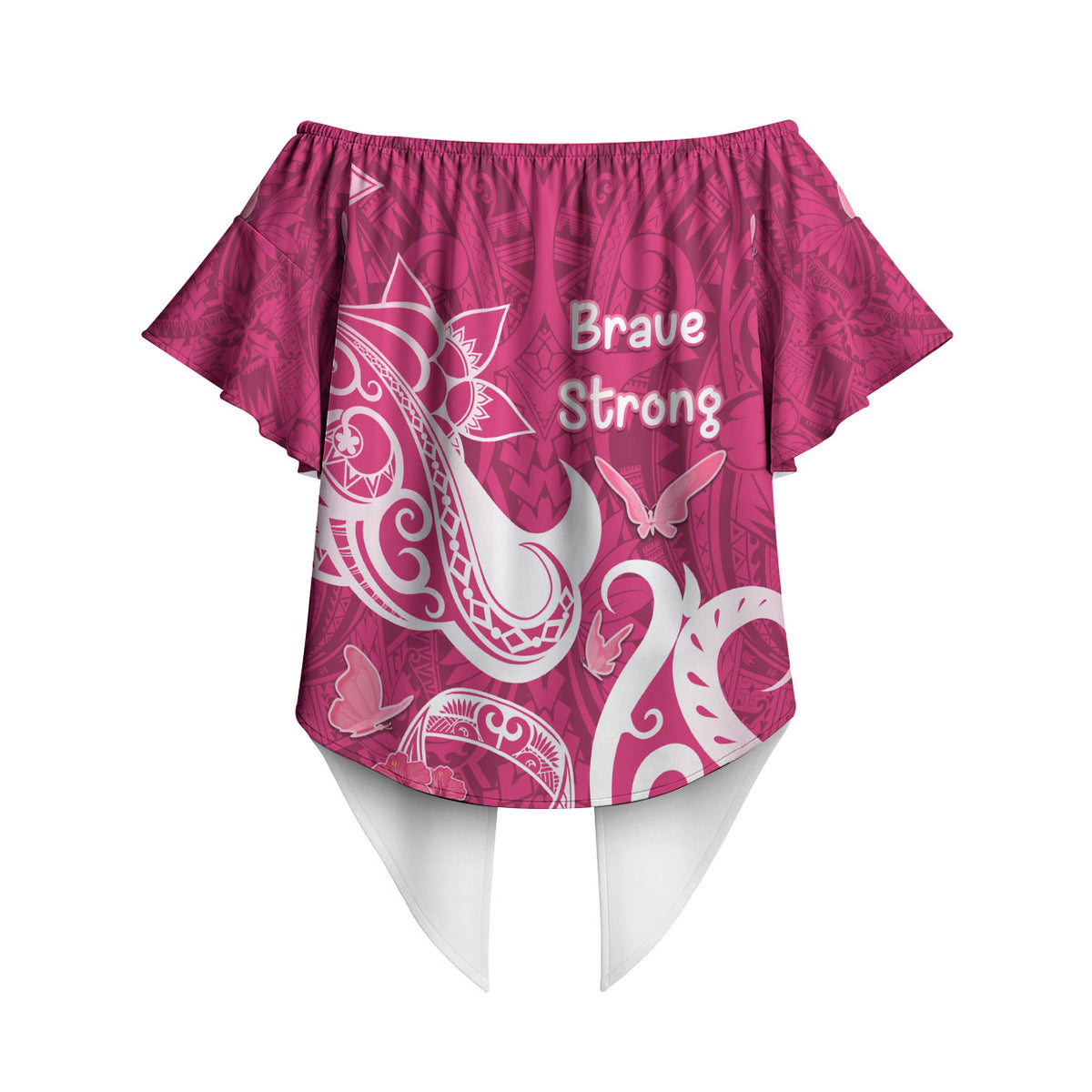 Breast Cancer Off Shoulder Wrap Waist Top Ribbon Polynesian Pattern Pink Version