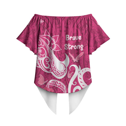 Breast Cancer Off Shoulder Wrap Waist Top Ribbon Polynesian Pattern Pink Version