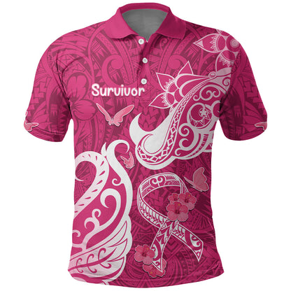 Breast Cancer Polo Shirt Ribbon Polynesian Pattern Pink Version
