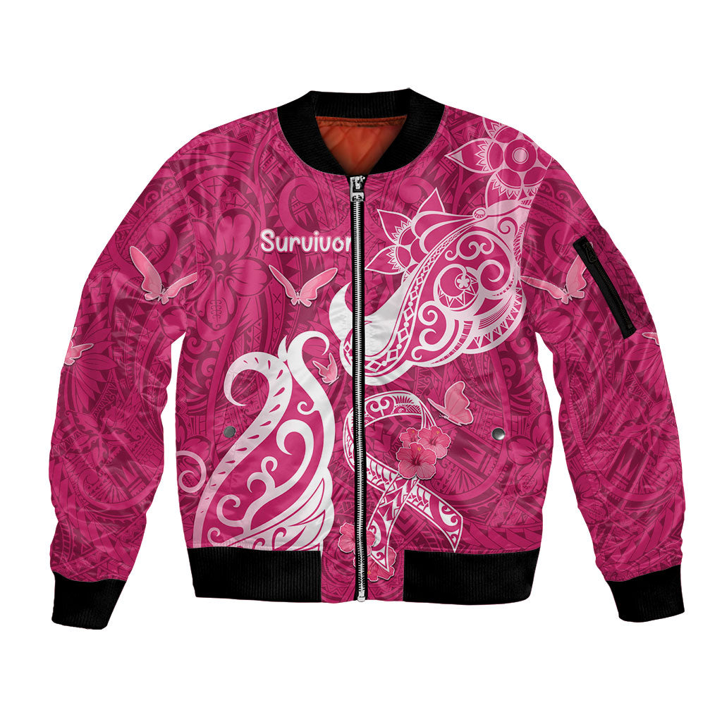 Breast Cancer Sleeve Zip Bomber Jacket Ribbon Polynesian Pattern Pink Version