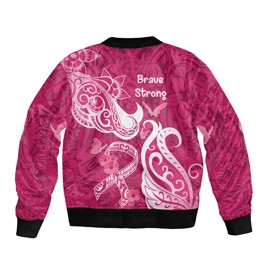 Breast Cancer Sleeve Zip Bomber Jacket Ribbon Polynesian Pattern Pink Version