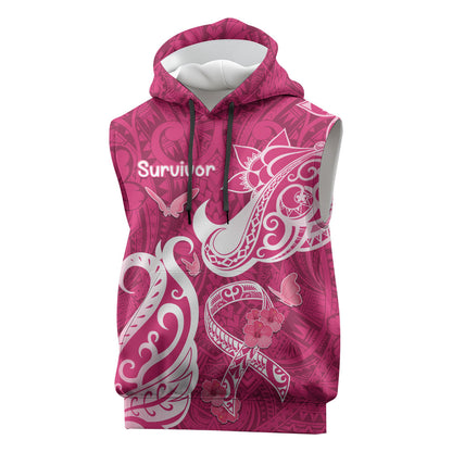 Breast Cancer Sleeveless Hoodie Ribbon Polynesian Pattern Pink Version