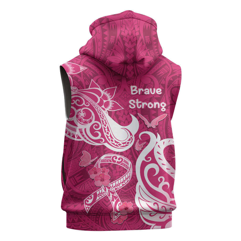 Breast Cancer Sleeveless Hoodie Ribbon Polynesian Pattern Pink Version