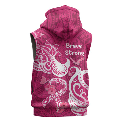 Breast Cancer Sleeveless Hoodie Ribbon Polynesian Pattern Pink Version