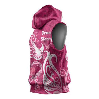 Breast Cancer Sleeveless Hoodie Ribbon Polynesian Pattern Pink Version