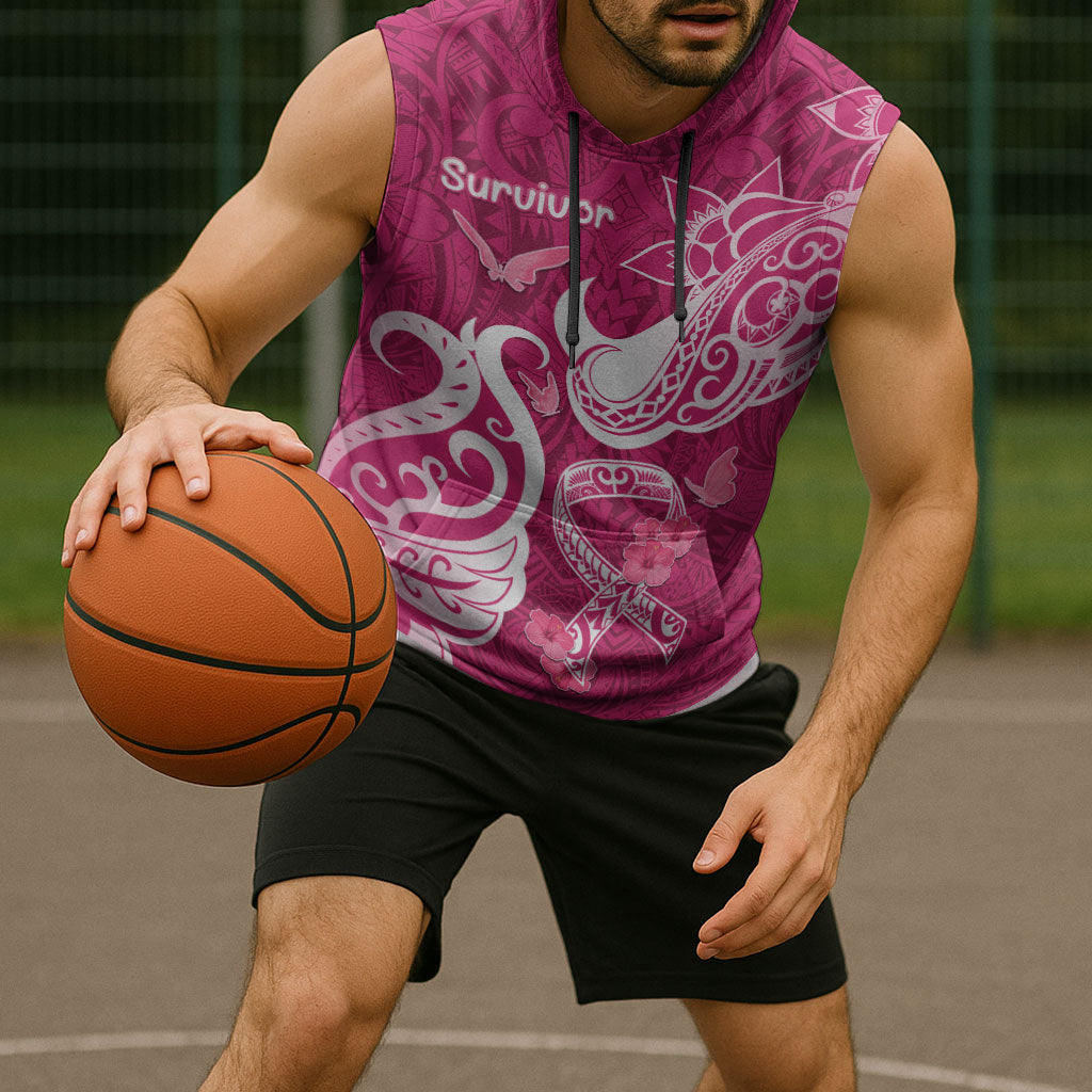 Breast Cancer Sleeveless Hoodie Ribbon Polynesian Pattern Pink Version